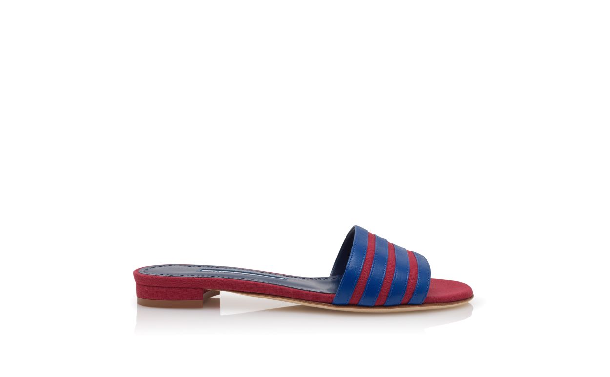Red and Blue Linen Flat Mules