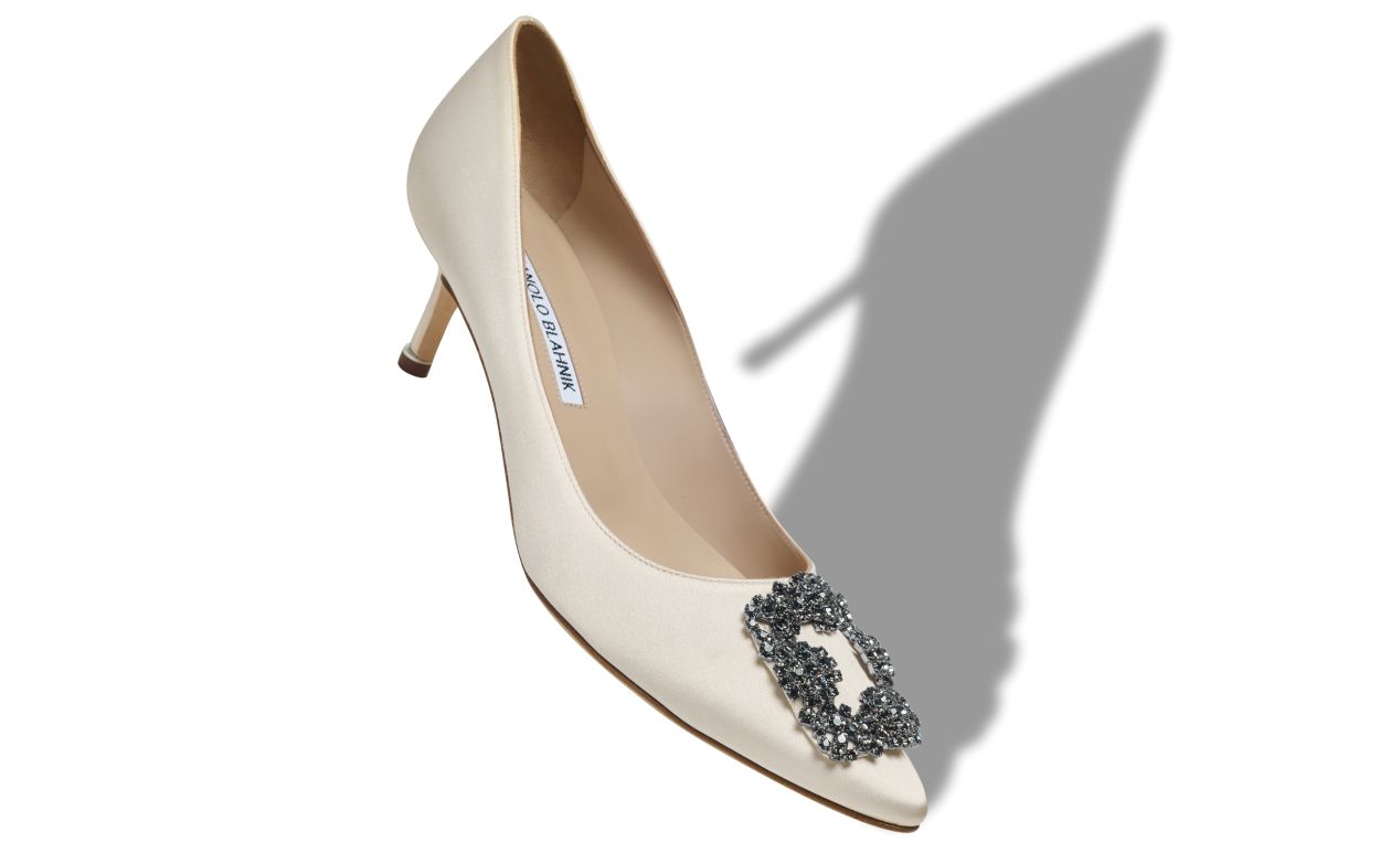 White Satin Jewel Buckle Pumps
