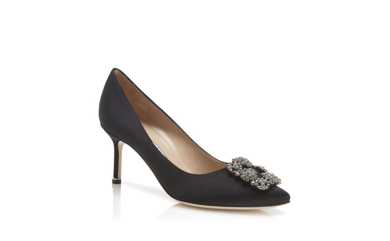 Black Satin Jewel Buckle Pumps