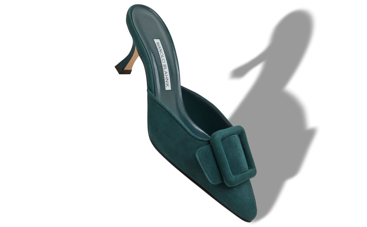 Dark Green Suede Buckle Detail Mules