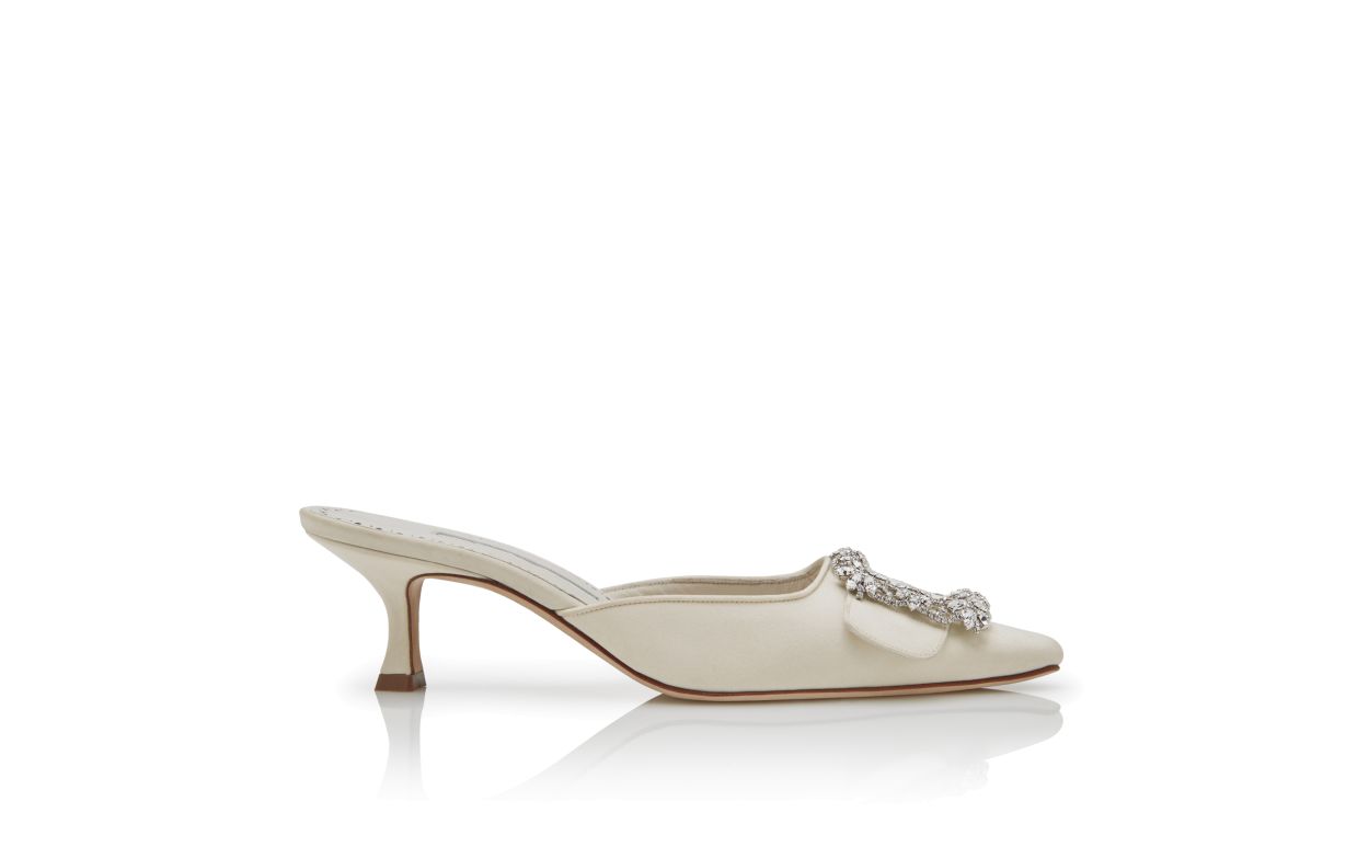 Cream Crepe de Chine Jewel Buckle Mules