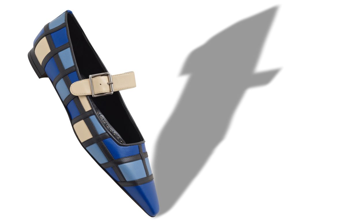 Blue and Cream Nappa Leather Mary Jane Flat Pumps