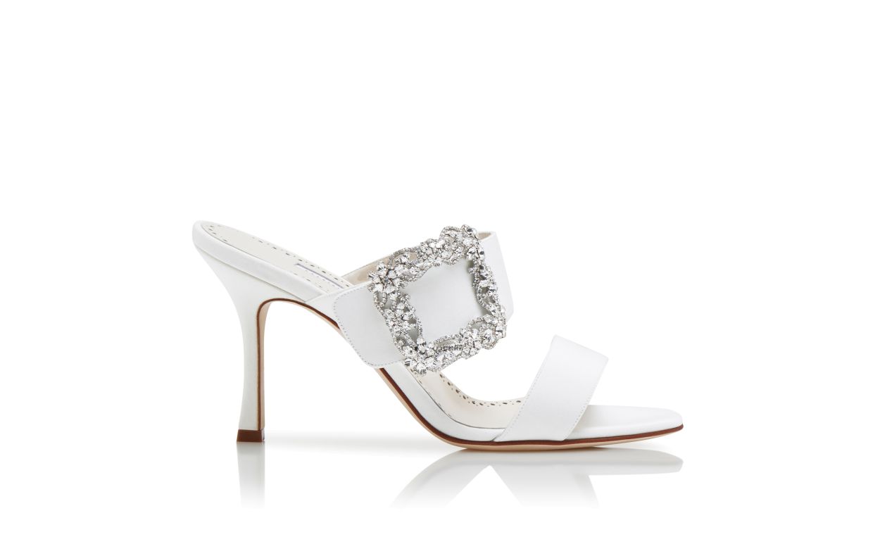 White Crepe de Chine Jewel Buckle Mules