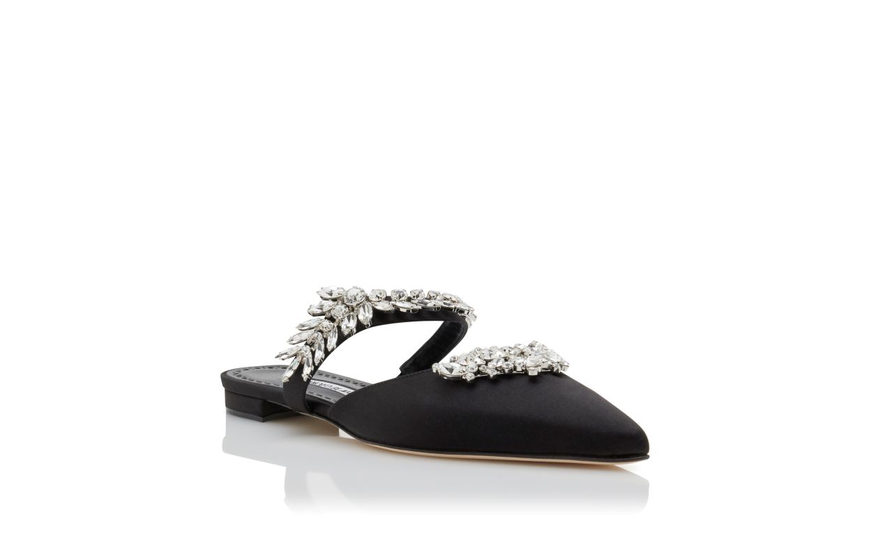 Black Satin Crystal Embellished Flat Mules
