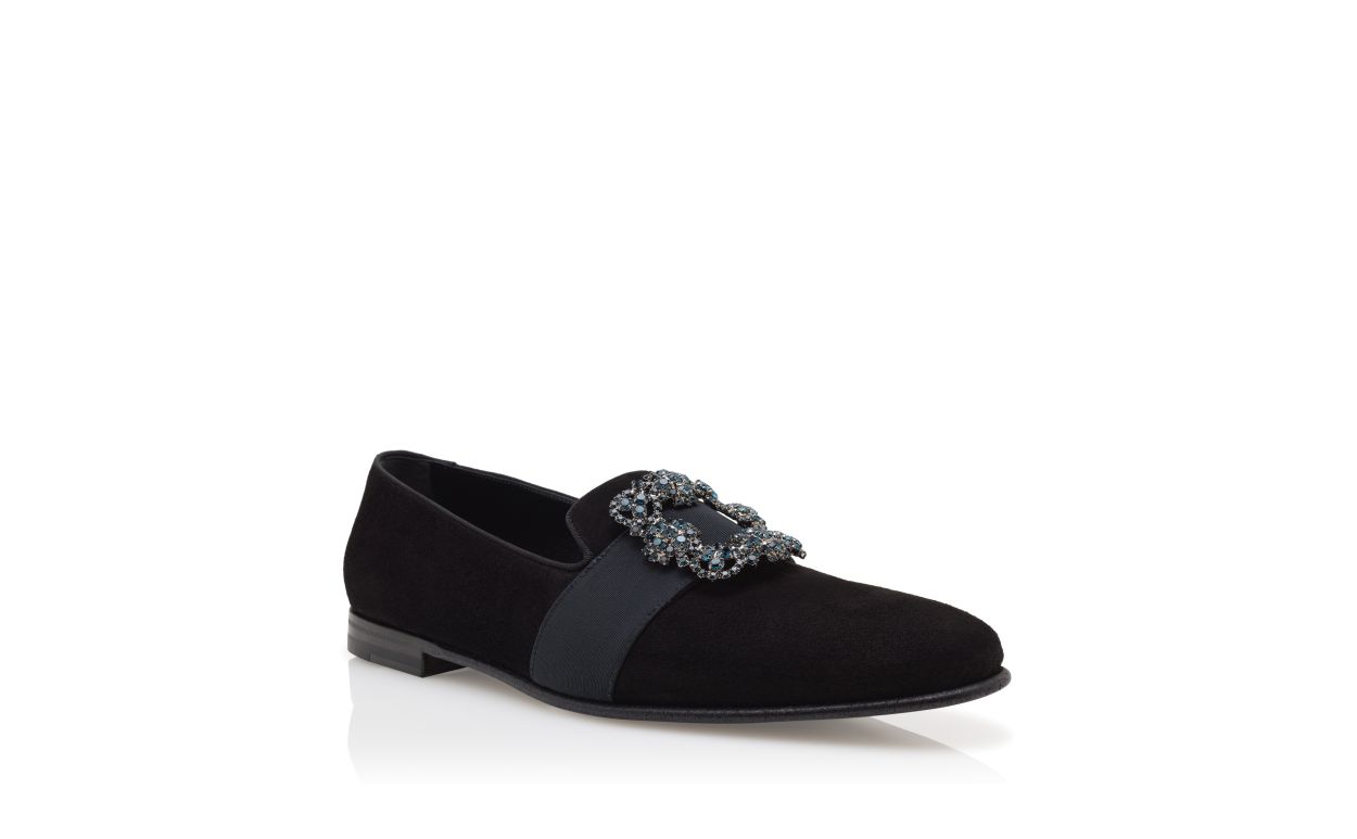 Black Suede Jewel Buckle Loafers