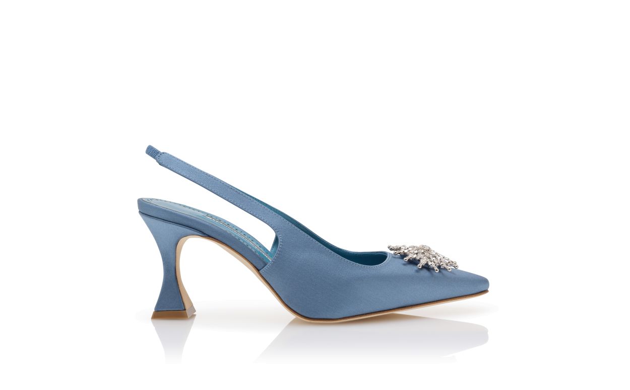 Blue Satin Crystal Embellished Slingback Pumps