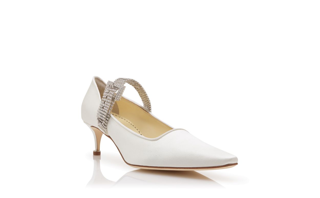 Light Cream Satin Crystal Embellished Strap Pumps
