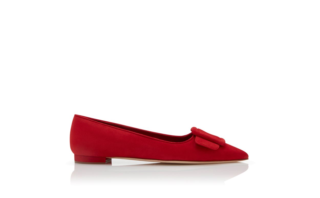 Red Suede Buckle Detail Flat Pumps