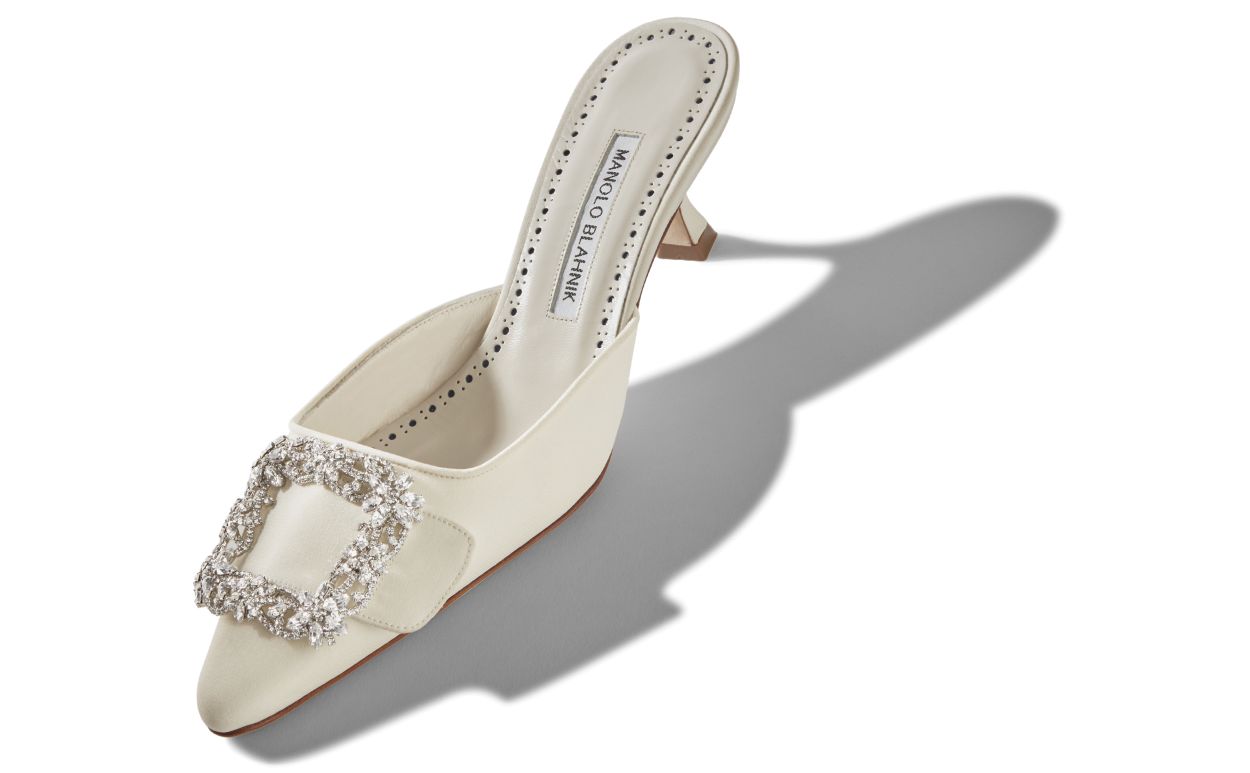 Cream Crepe de Chine Jewel Buckle Mules