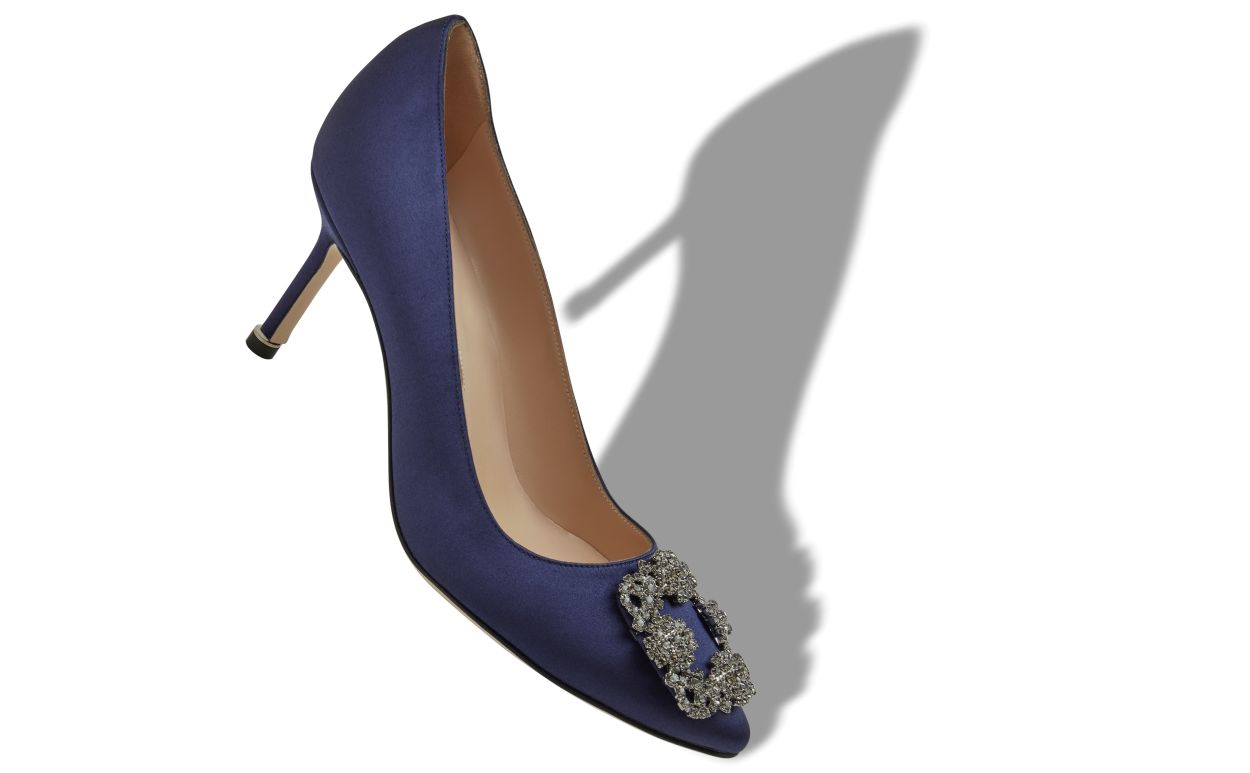 Navy Blue Satin Jewel Buckle Pumps