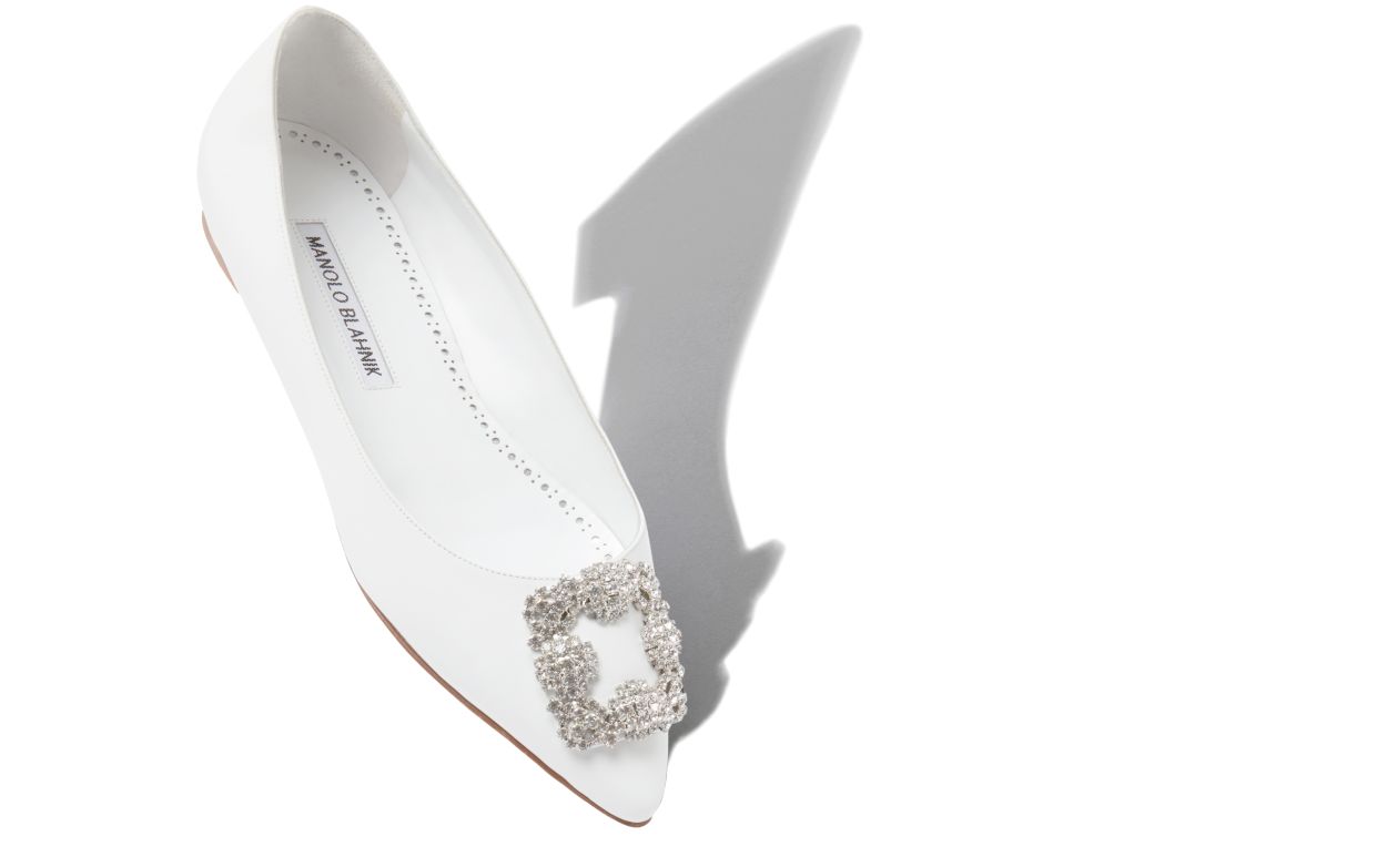White Calf Leather Jewel Buckle Flat Pumps