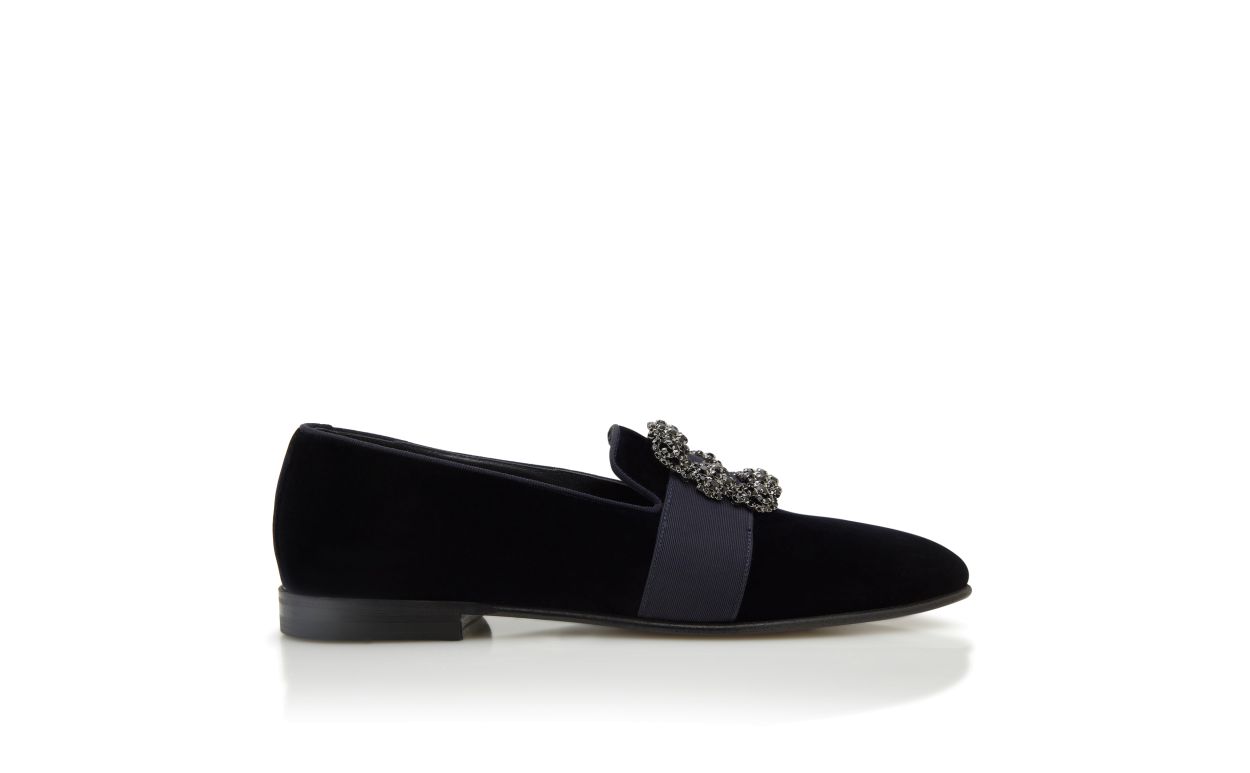 Dark Blue Velvet Jewelled Buckle Loafers