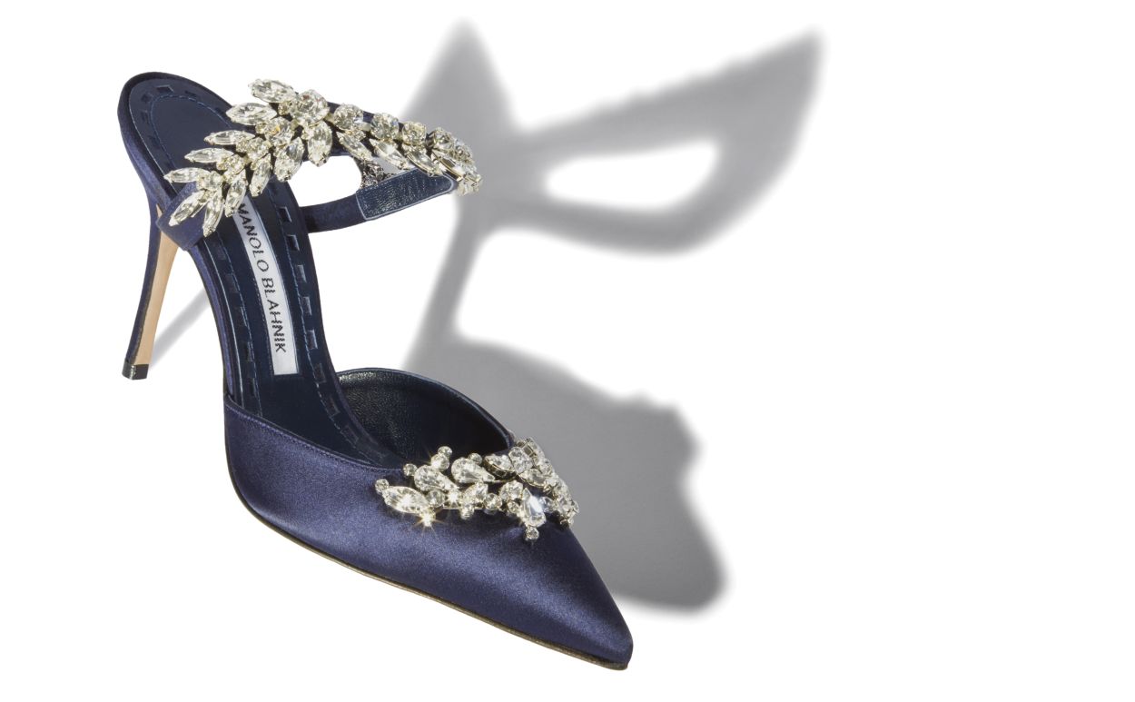 Navy Blue Satin Crystal Embellished Mules