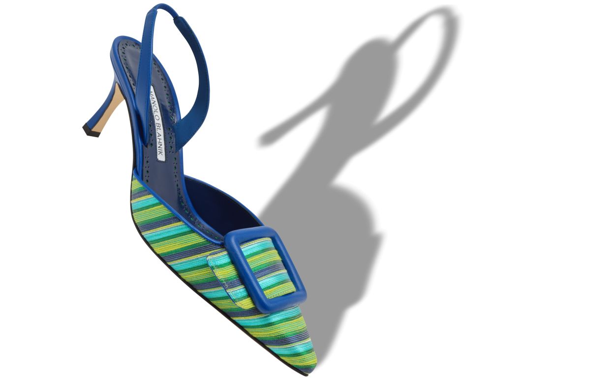 Blue and Green Cotton Buckle Detail Slingback Pumps