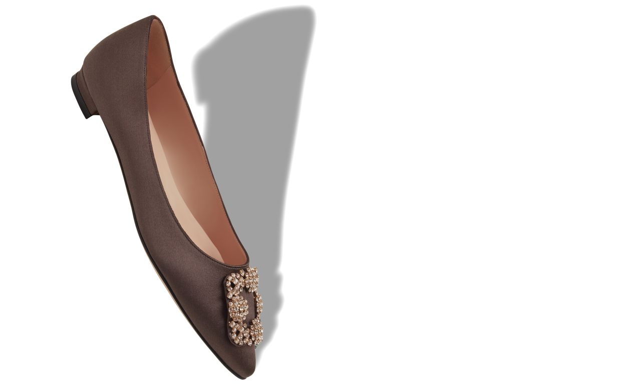 Brown Satin Jewel Buckle Flat Pumps