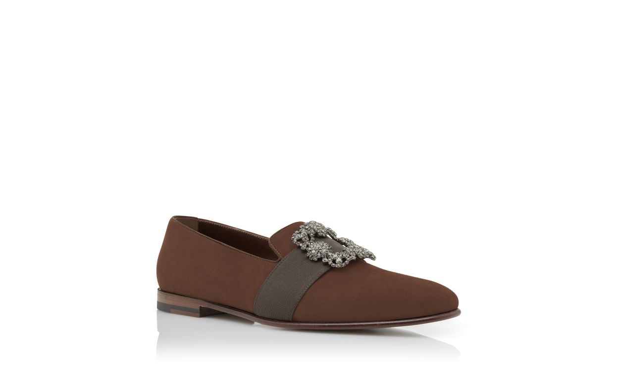 Brown Suede Jewel Buckle Loafers