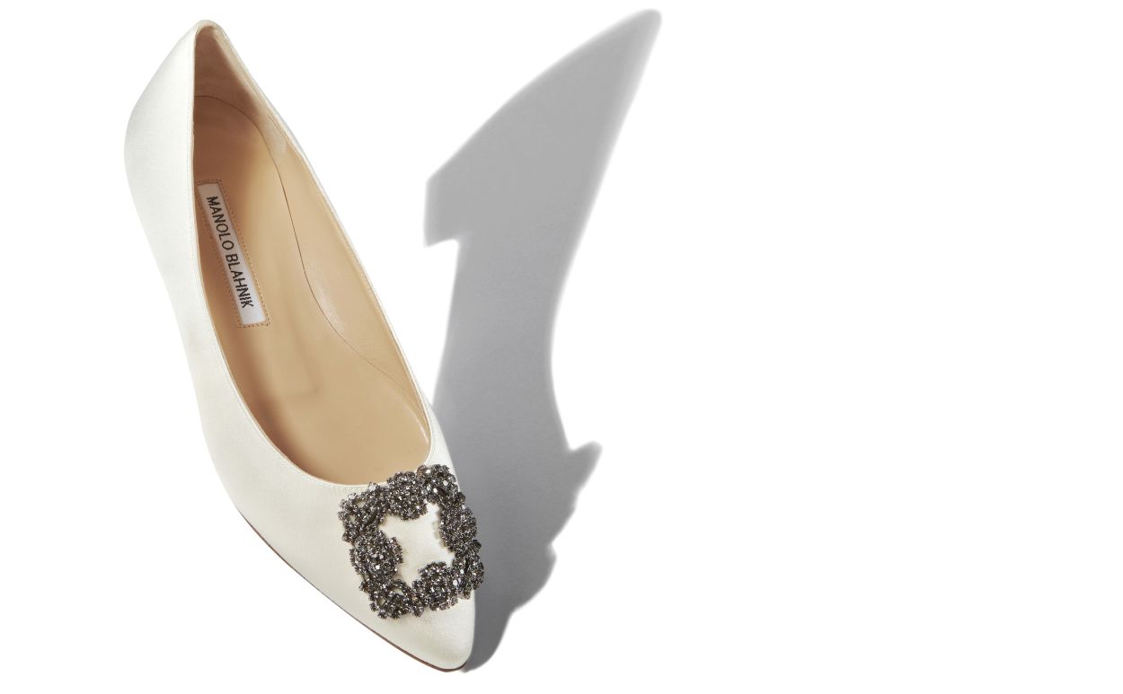 White Satin Jewel Buckle Flat Pumps