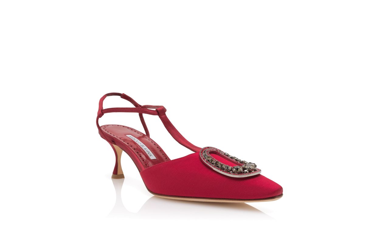 Red Grosgrain Jewel Embellished T-Bar Pumps