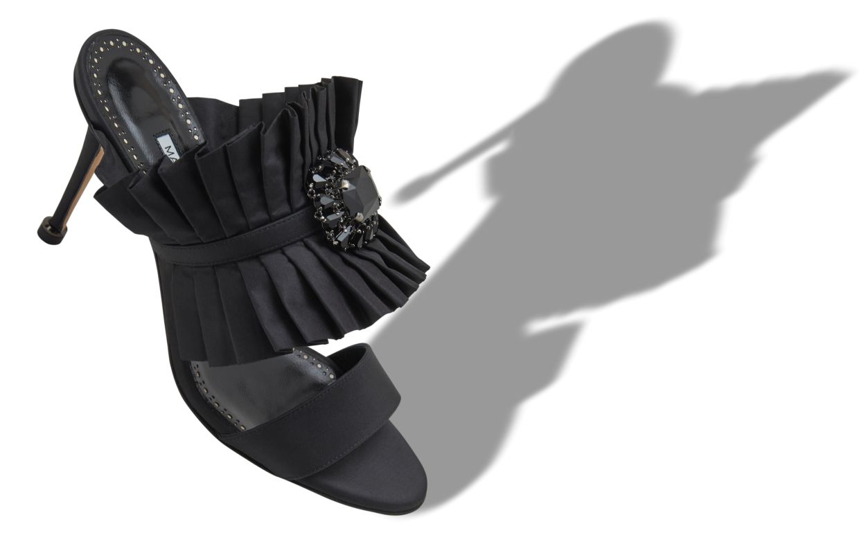 Black Silk Pleated Detail Mules