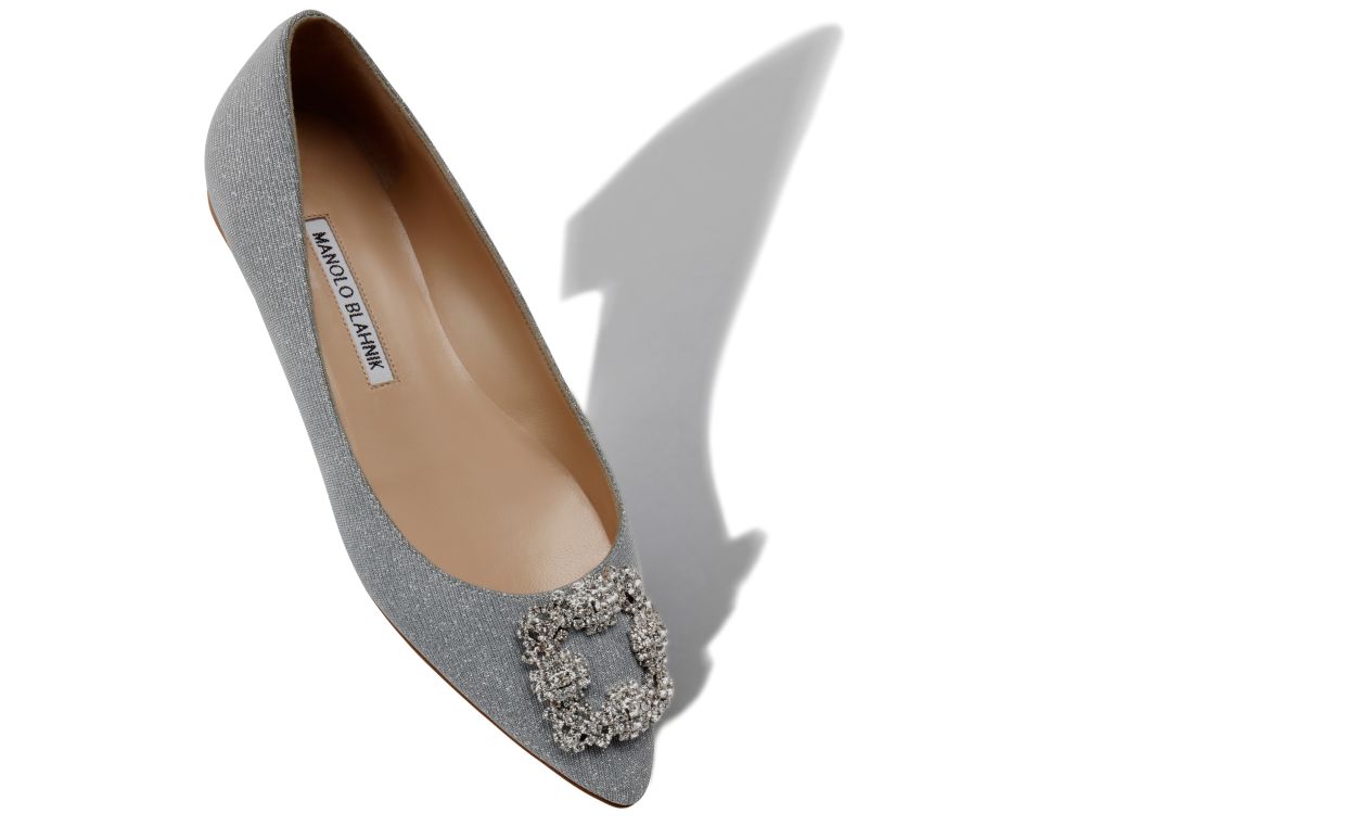 Silver Glitter Fabric Jewel Buckle Flat Pumps