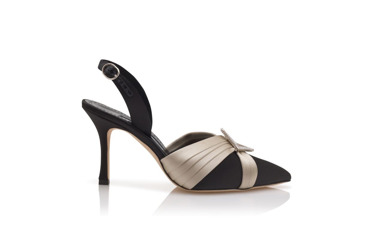 Black Satin Pleated Detail Slingback Pumps