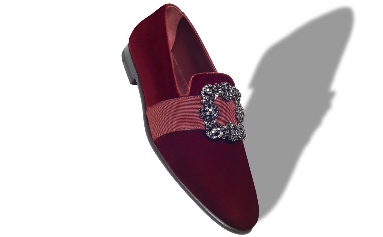 Dark Red Velvet Jewel Buckle Loafers