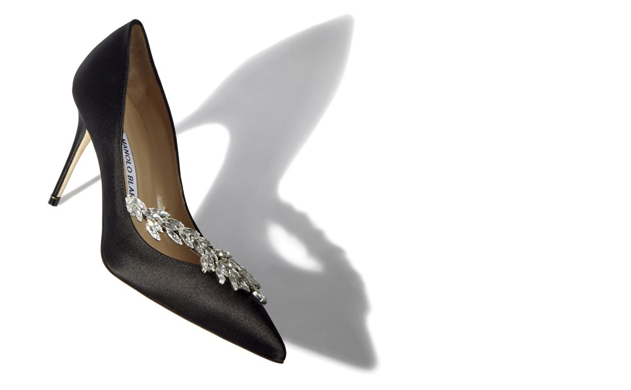 Black Satin Jewel Buckle Pumps