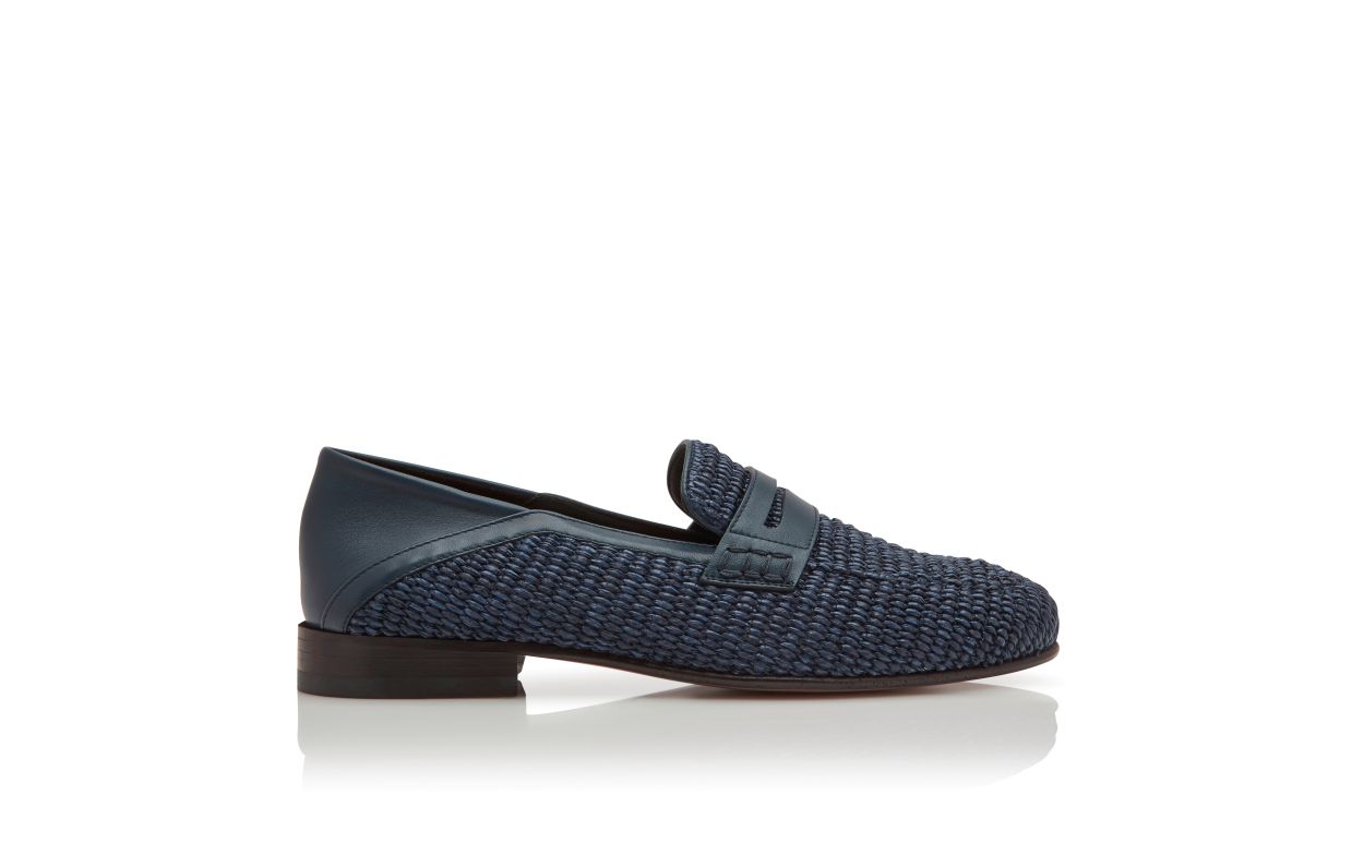 Navy Blue Raffia Penny Loafers