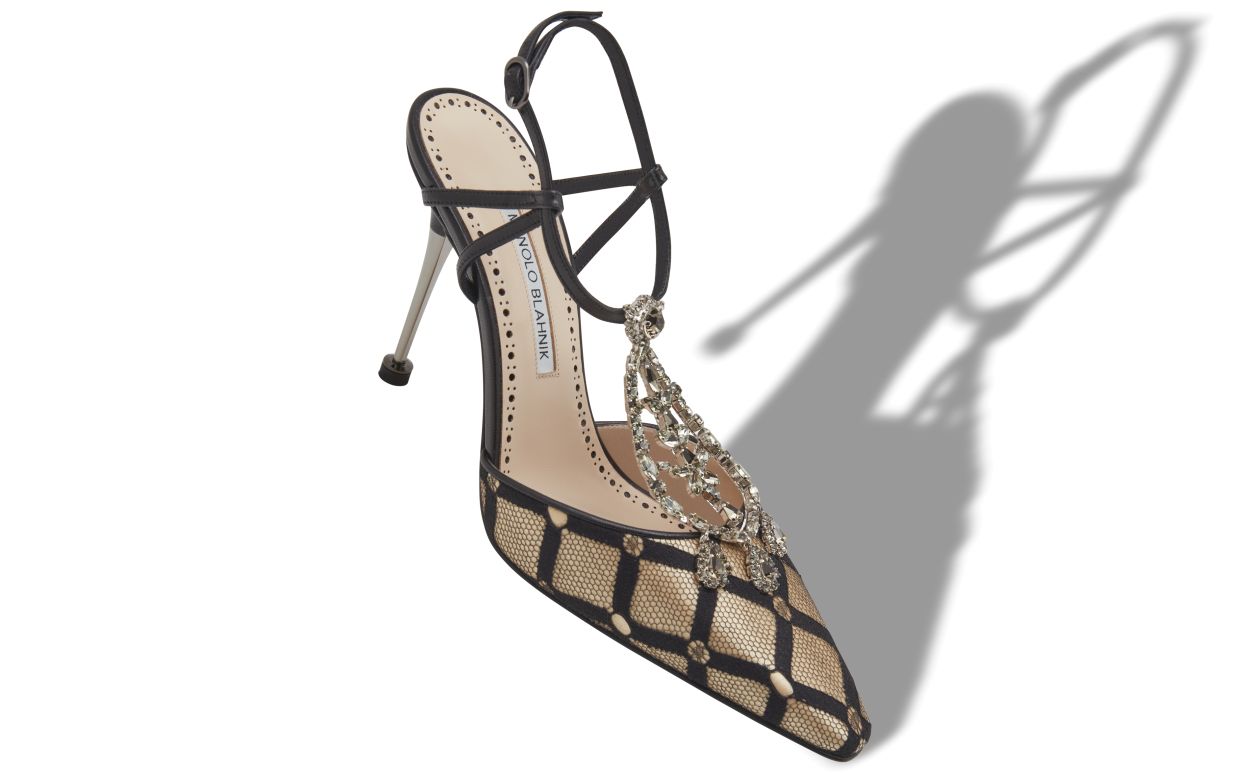 Light Beige and Black Mesh T-Bar Pumps