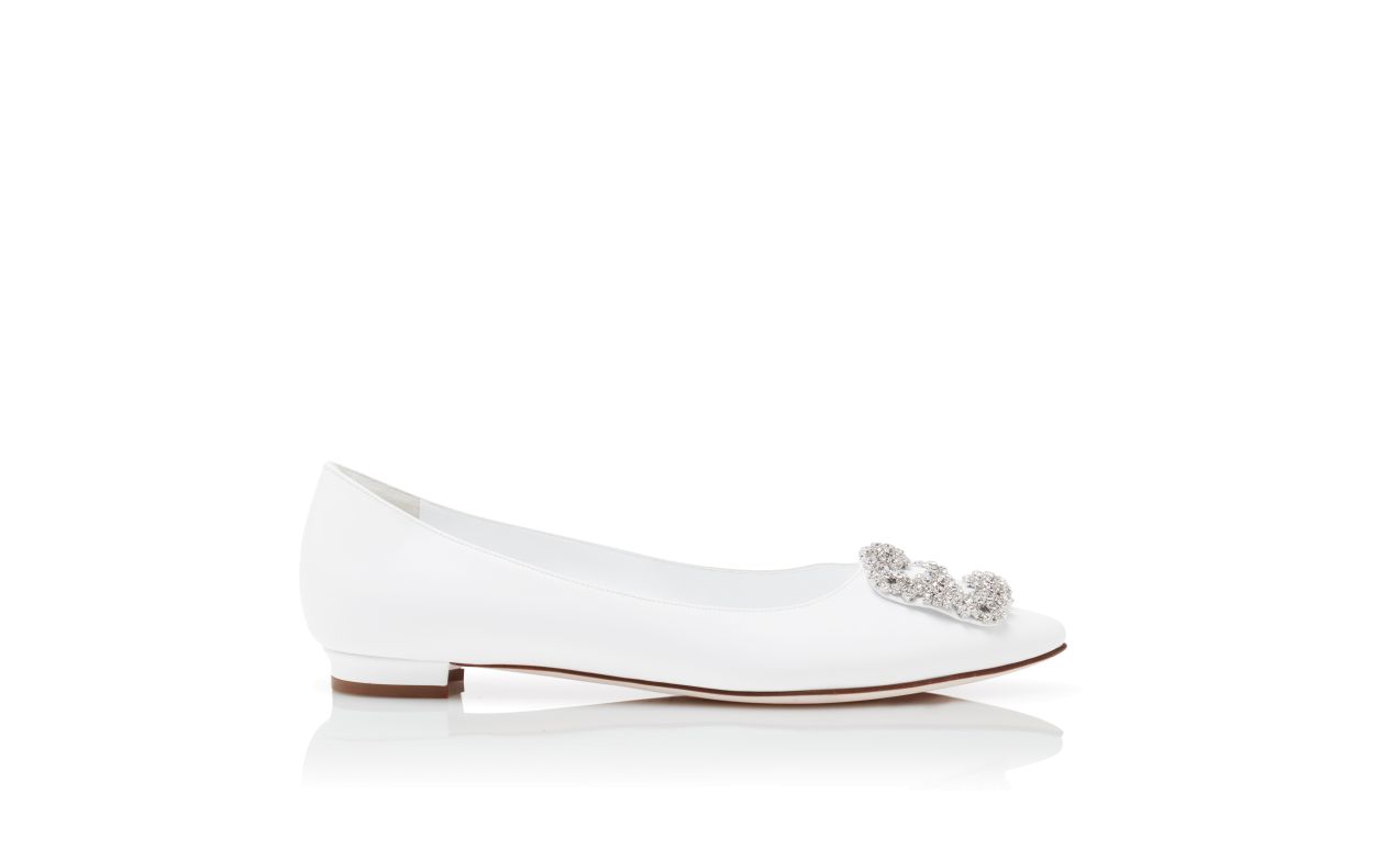 White Calf Leather Jewel Buckle Flat Pumps