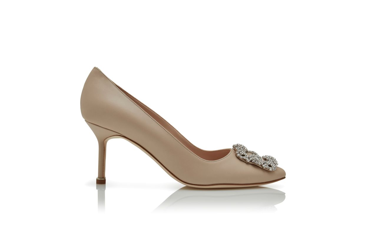 Light Beige Calf Leather Jewel Buckle Pumps
