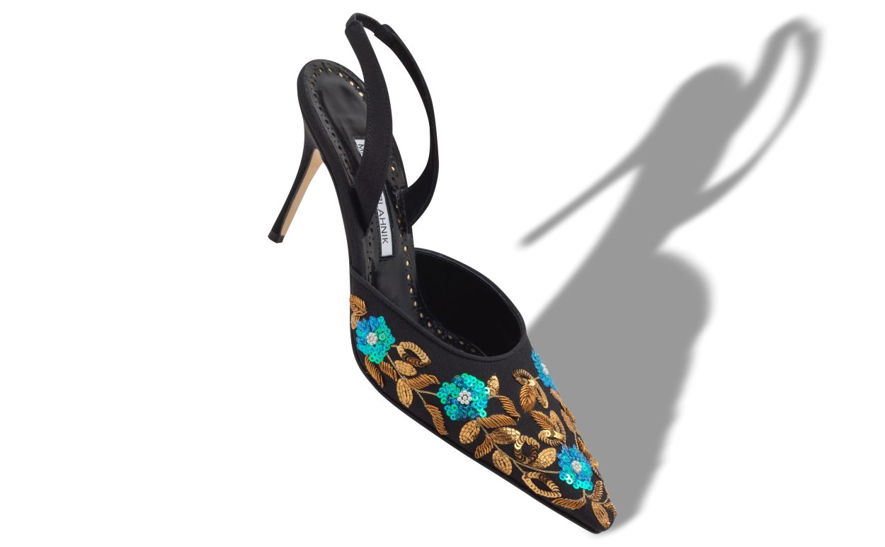 Black Crepe de Chine Embroidered Slingback Pumps