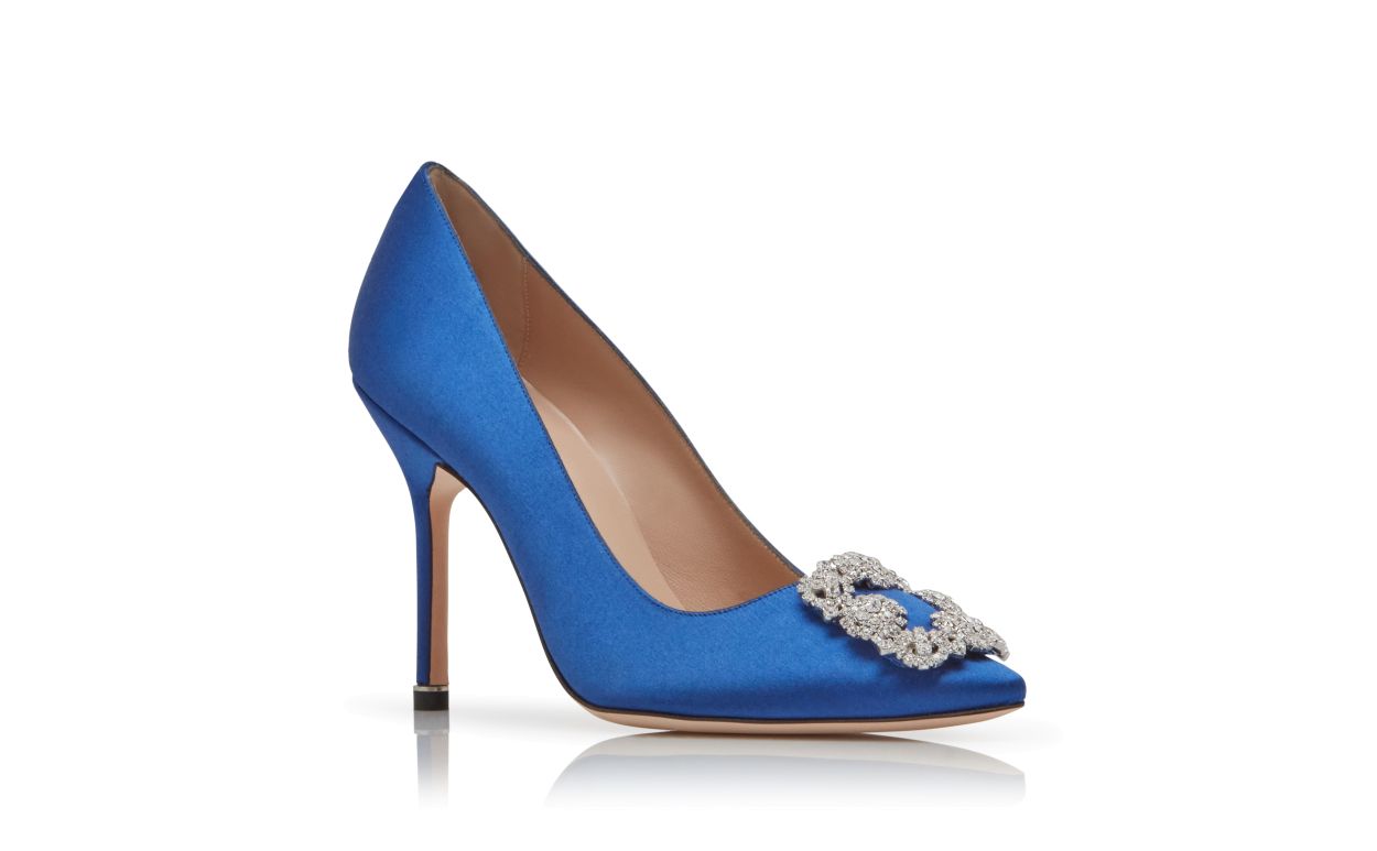Blue Satin Jewel Buckle Pumps