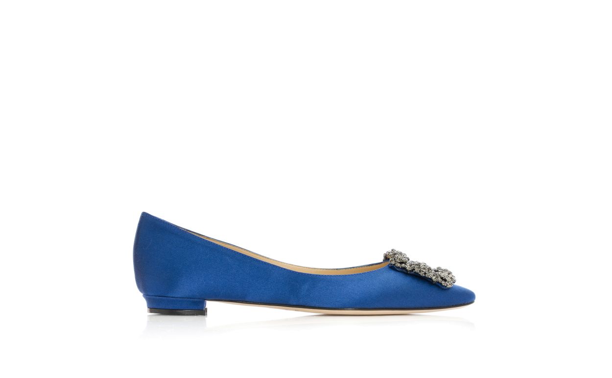 Blue Satin Jewel Buckle Flat Pumps