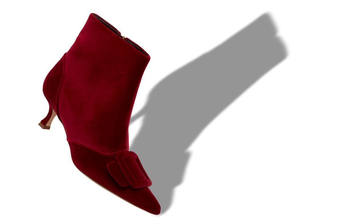Red Velvet Buckle Detail Ankle Boots