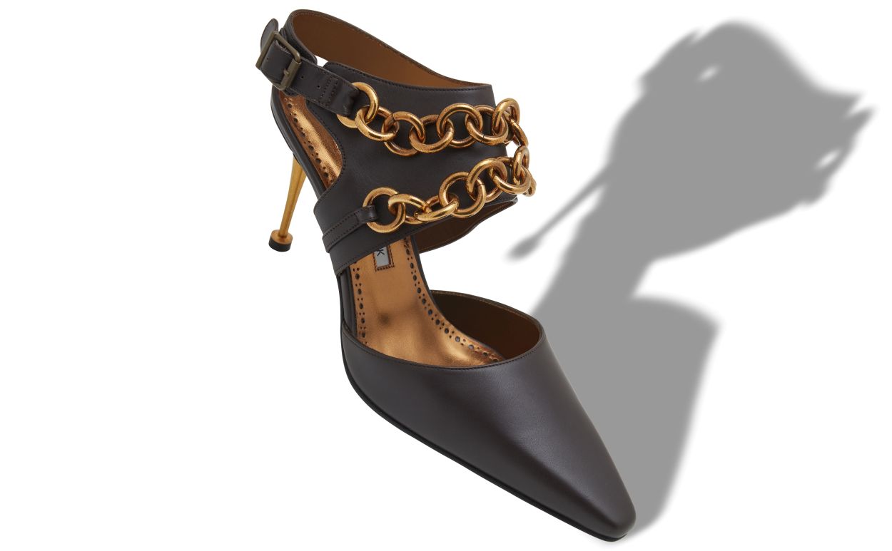Dark Brown Calf Leather Ankle Strap Pumps