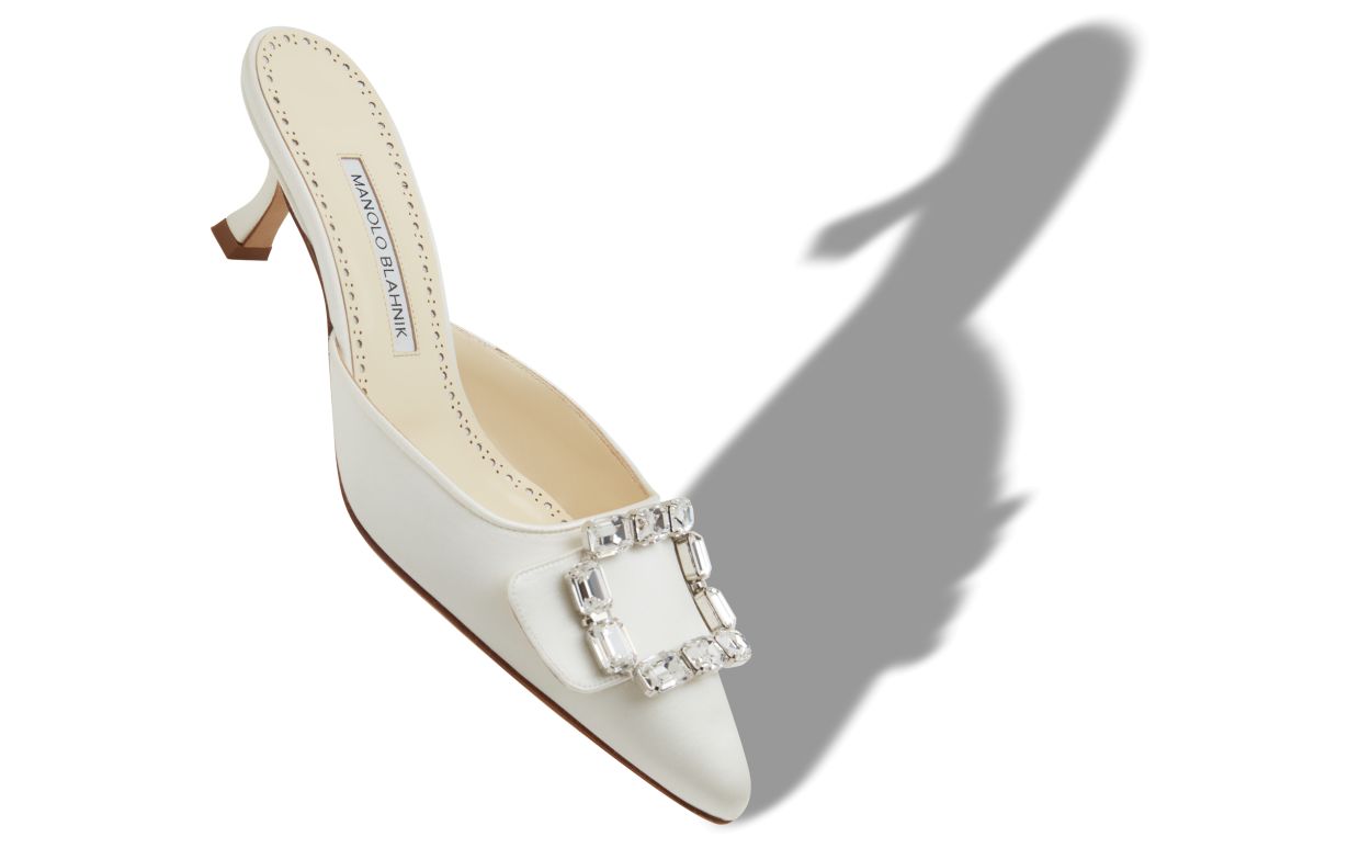 Cream Satin Crystal Buckle Mules
