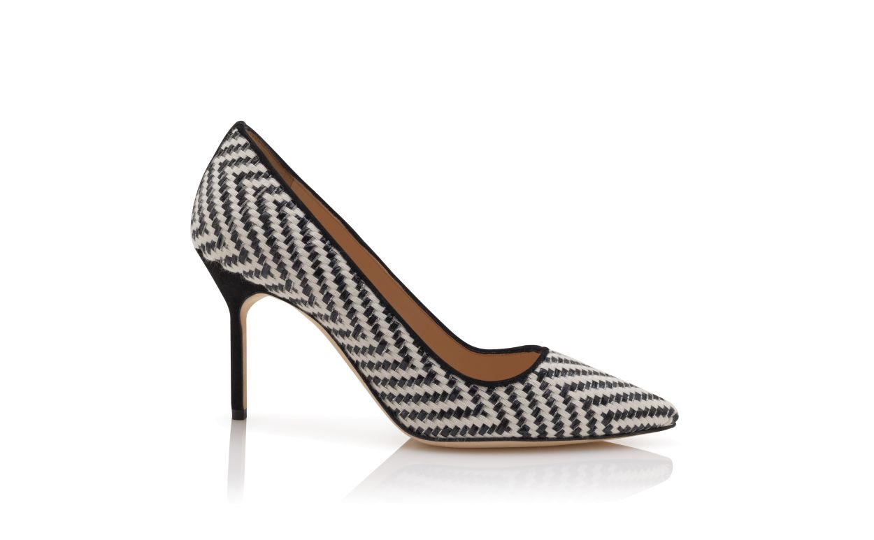 Black and White Raffia Pointed Toe Pumps