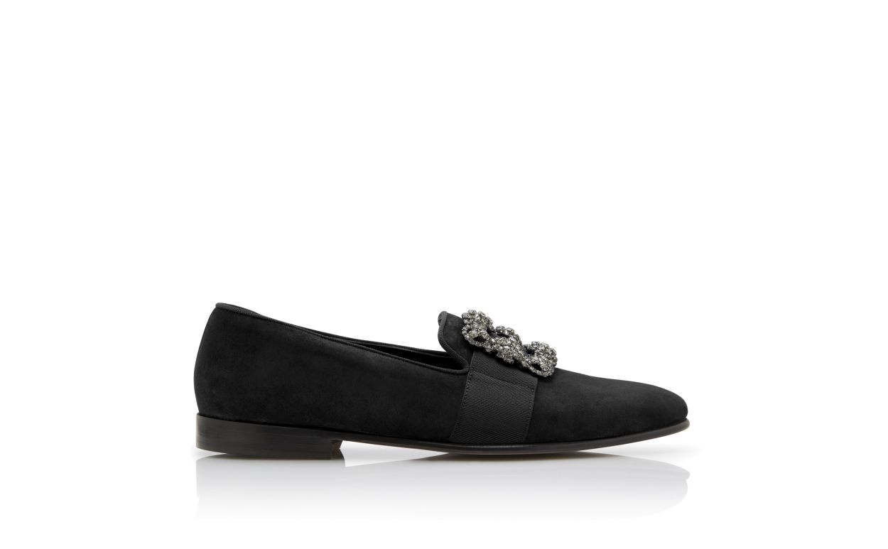 Black Suede Jewelled Buckle Loafers