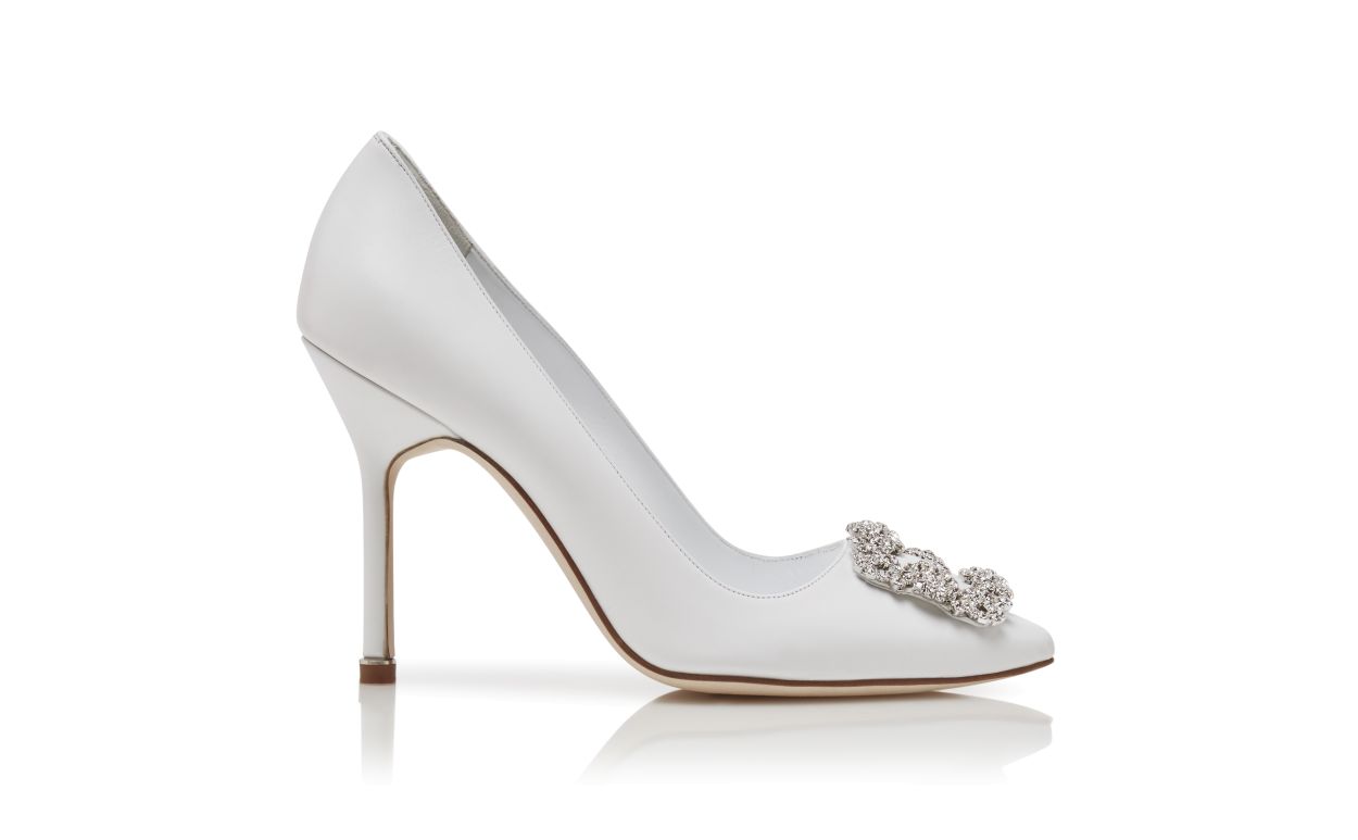 White Calf Leather Jewel Buckle Pumps