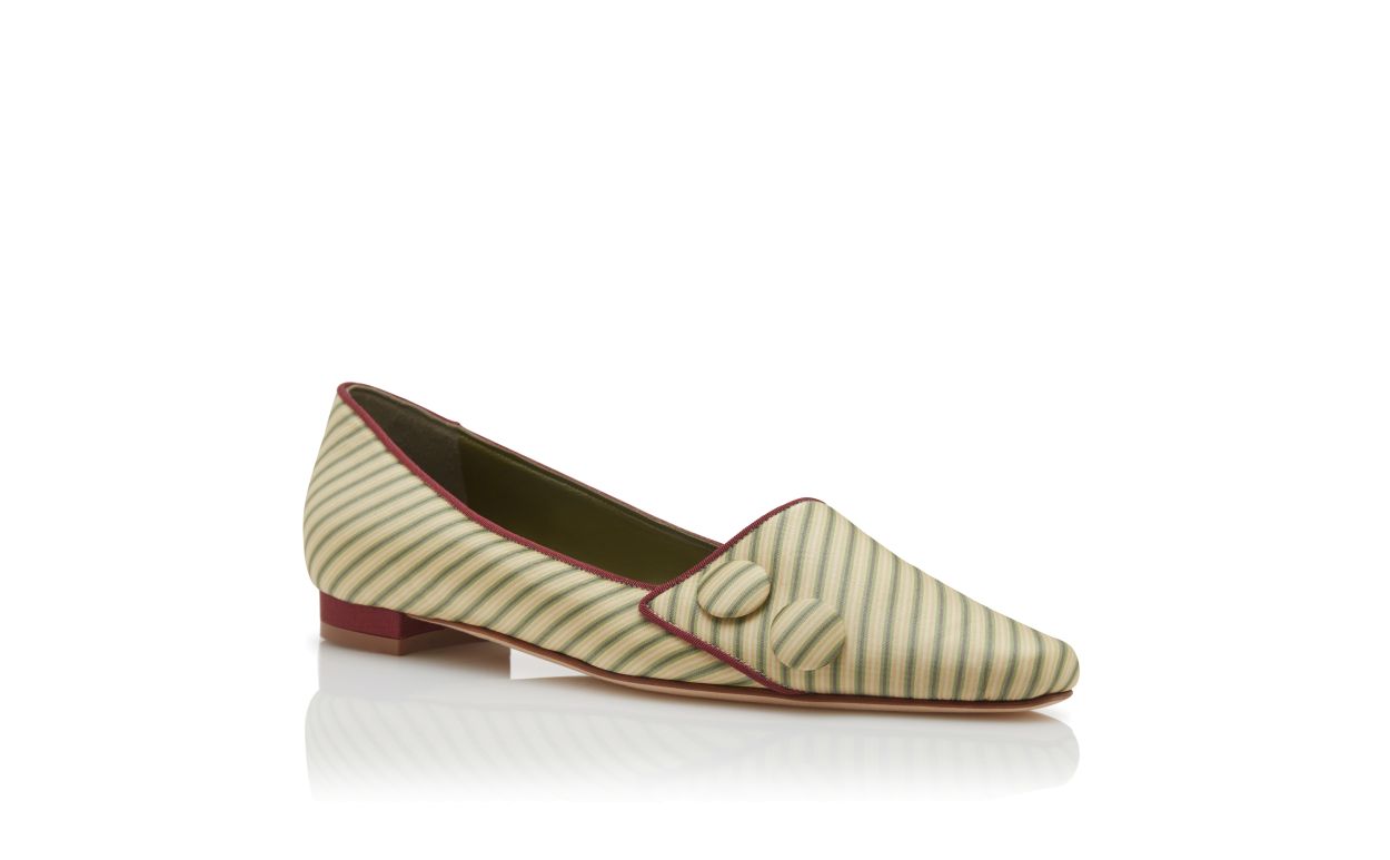 Green and Beige Silk Striped Flat Pumps