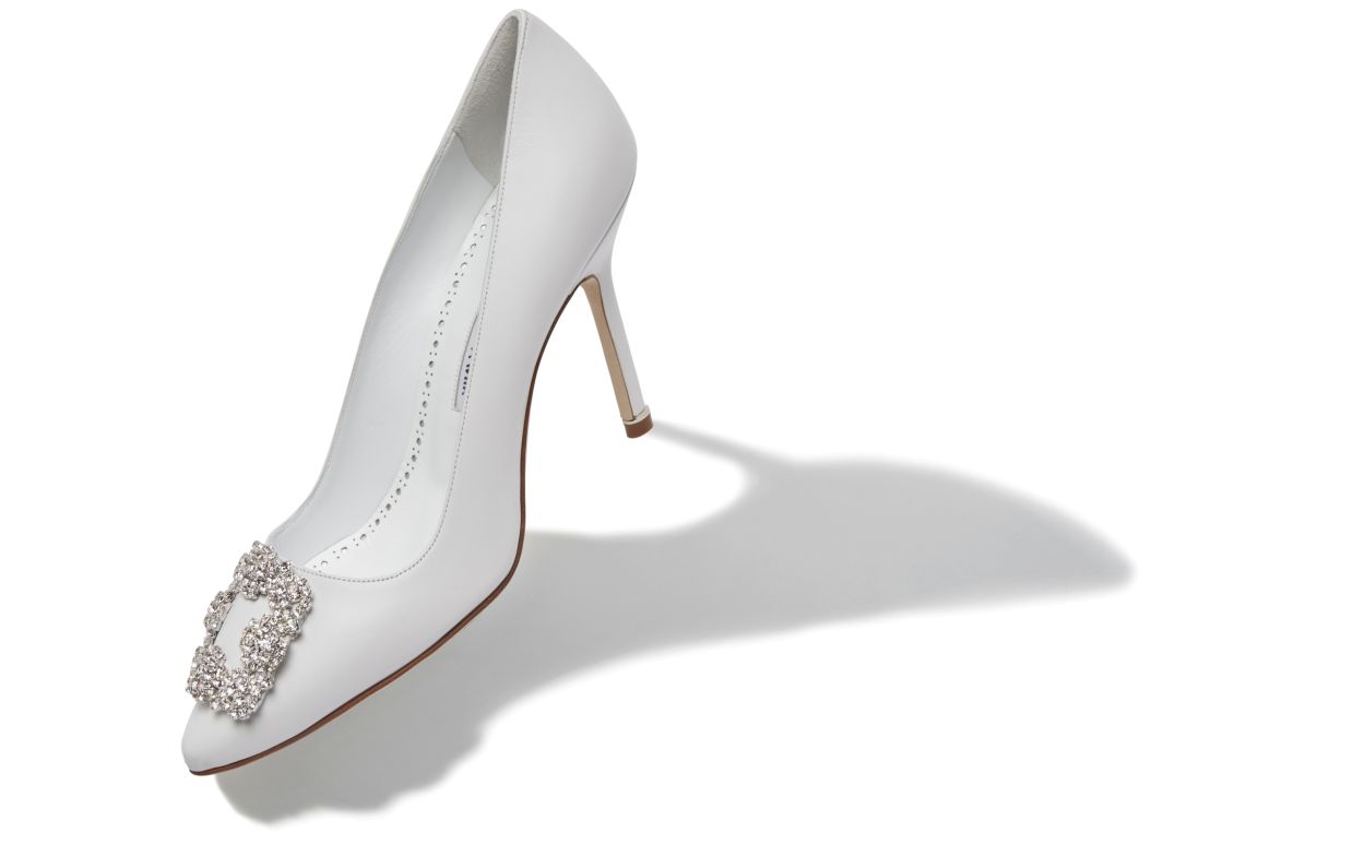 White Calf Leather Jewel Buckle Pumps