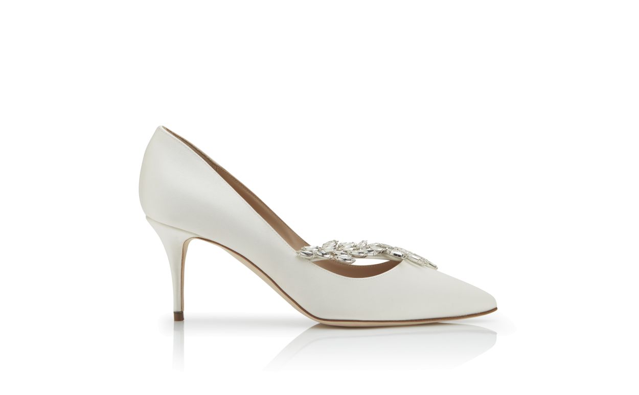 White Satin Jewel Buckle Pumps