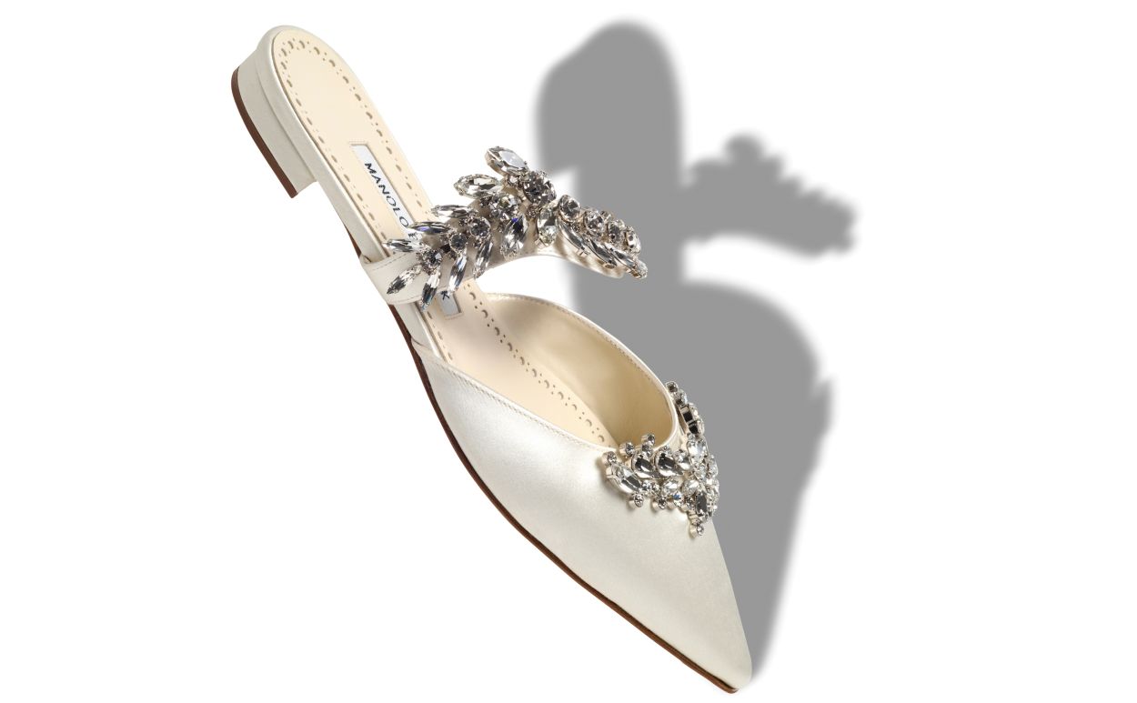 Light Cream Satin Crystal Embellished Flat Mules
