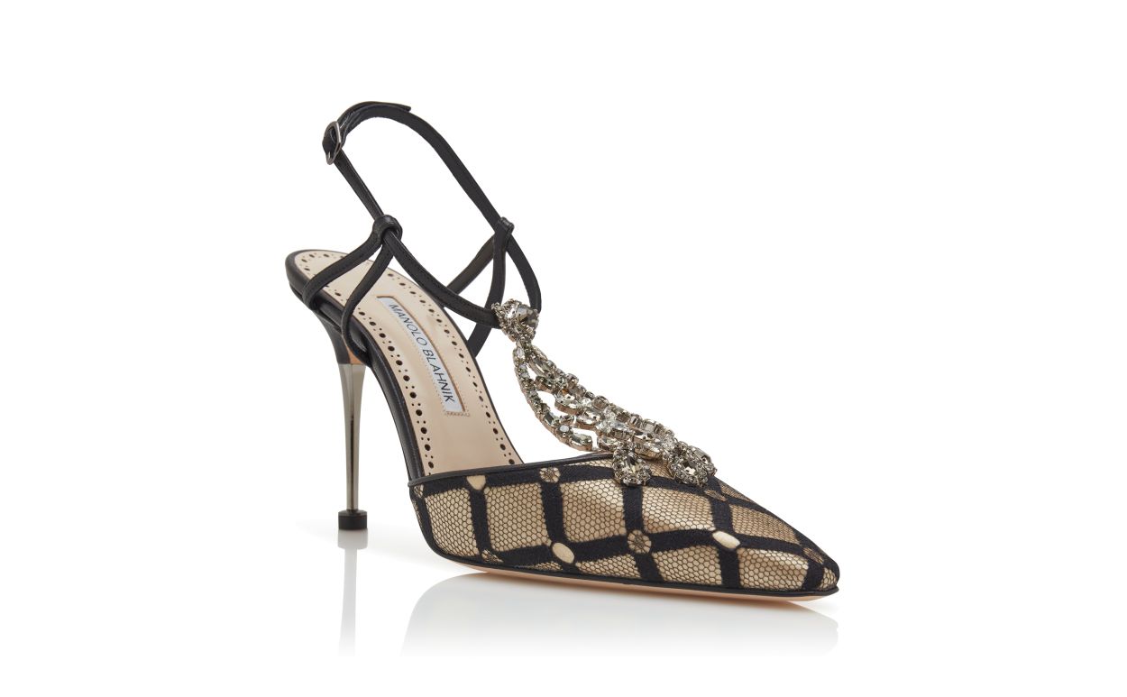 Light Beige and Black Mesh T-Bar Pumps
