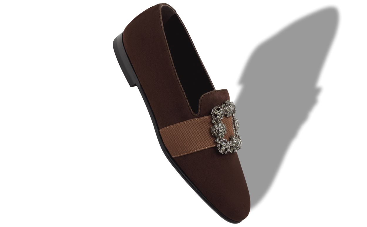 Dark Brown Suede Jewel Buckle Loafers