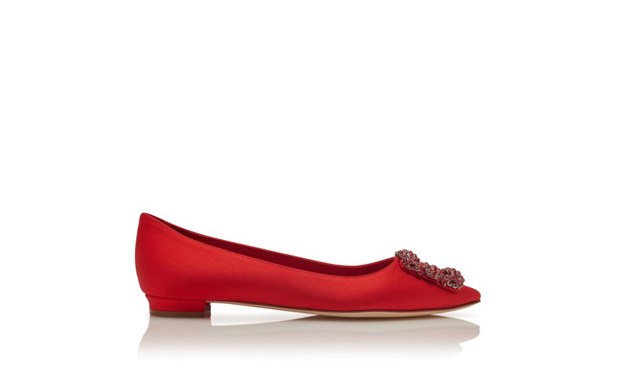 Red Satin Jewel Buckle Flat Pumps