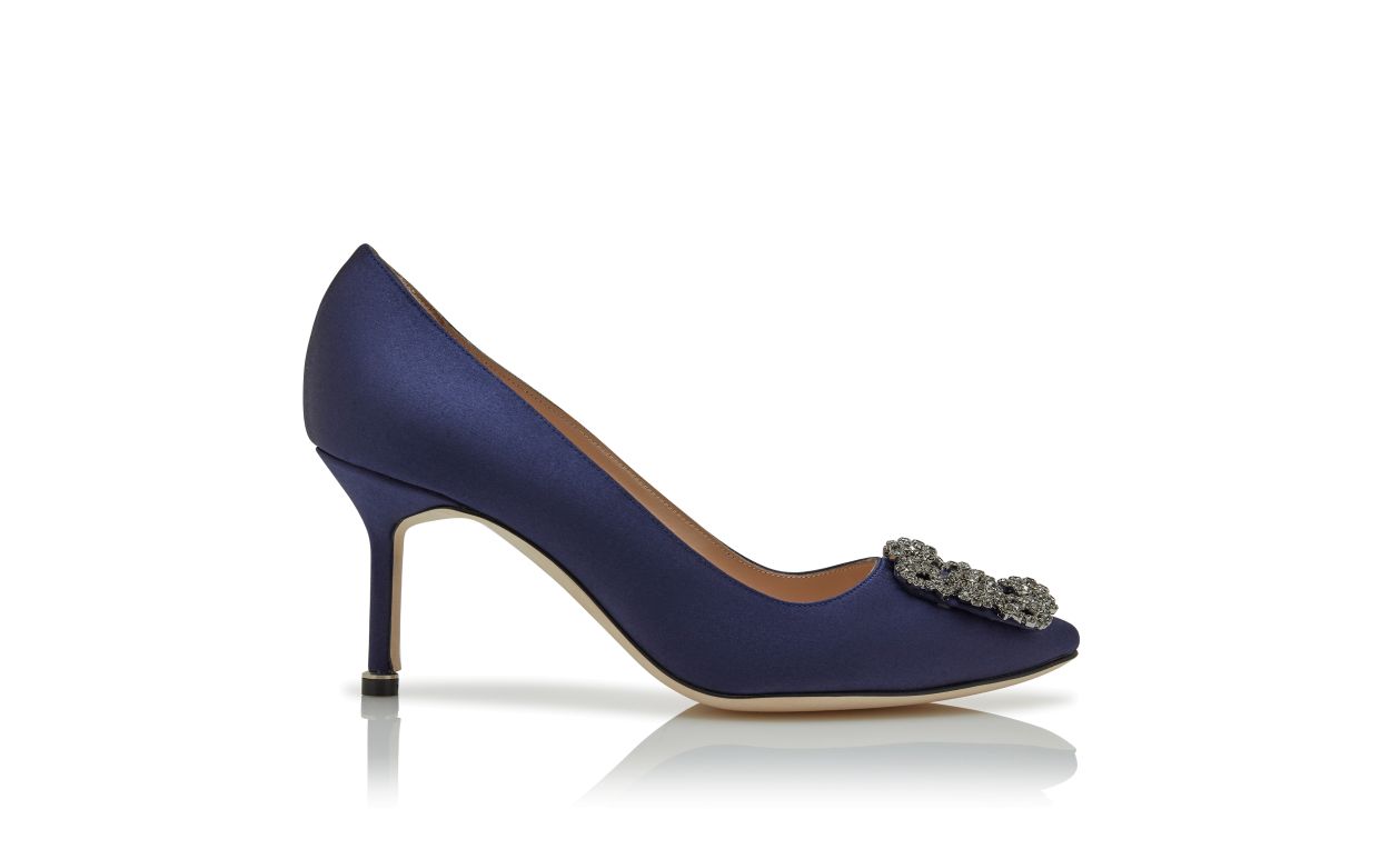 Navy Blue Satin Jewel Buckle Pumps