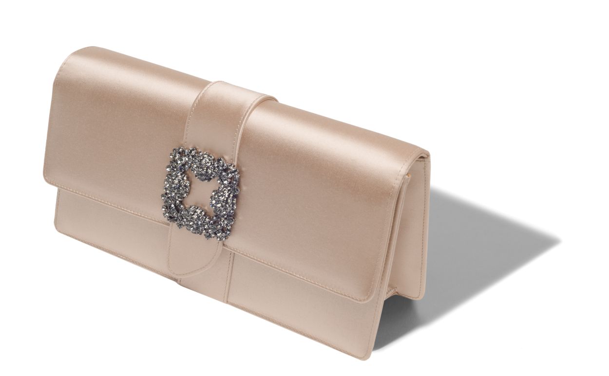 Beige Satin Jewel Buckle Clutch