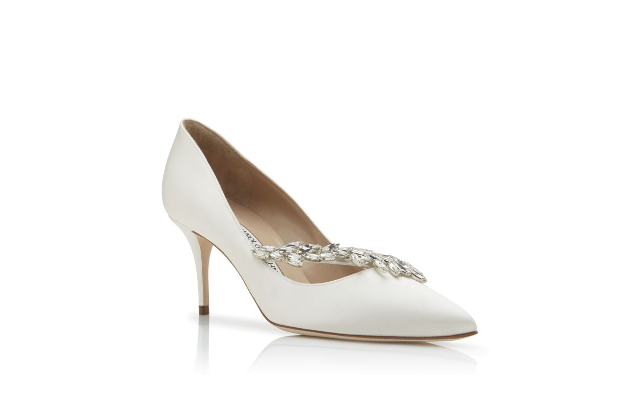 White Satin Jewel Buckle Pumps